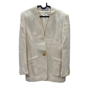 EVAN PICONE Tweed Blazer Size 4 Ivory Textured Button Faux Pockets 100% Wool
